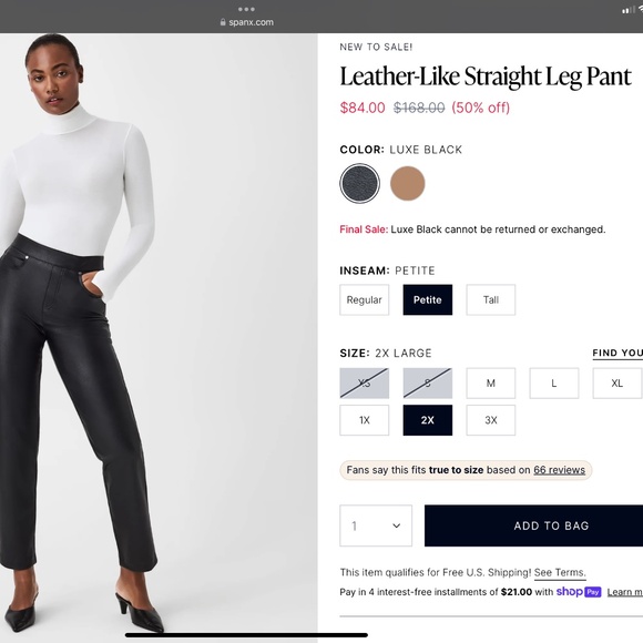 SPANX Pants - NWT SPANX Leather Like Straight Leg Pant 2X